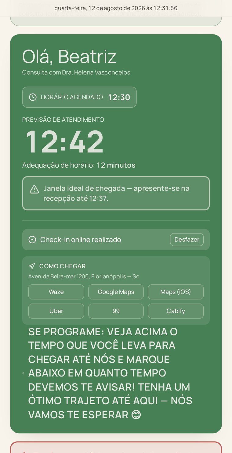 Card do paciente com previsão de atendimento às 12:42, janela de chegada recomendada, check-in online e rotas até a clínica