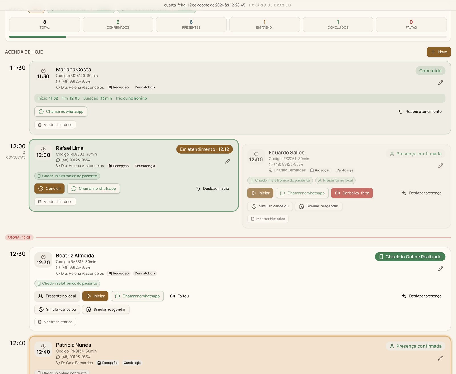 Painel da secretaria do Chronos OnTime com a fila do dia, status de confirmação, check-in e previsão de atendimento por médico